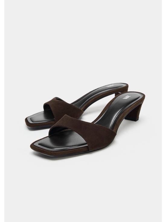 Zara Shoes - NWT NIB Zara Dark Brown Suede Square-Toe Mid Heel Slide Sandals